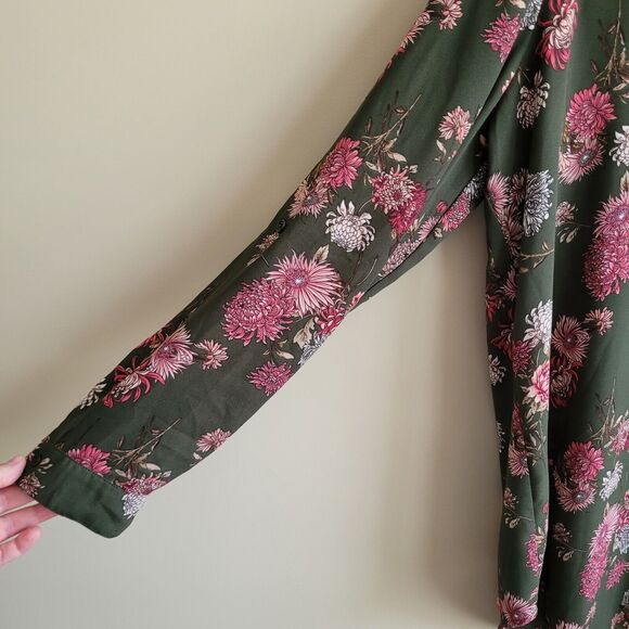 Forever 21 Womens Tunic Blouse Plus Size 1x Olive Green Pink Florals Roll Tab - Picture 4 of 10